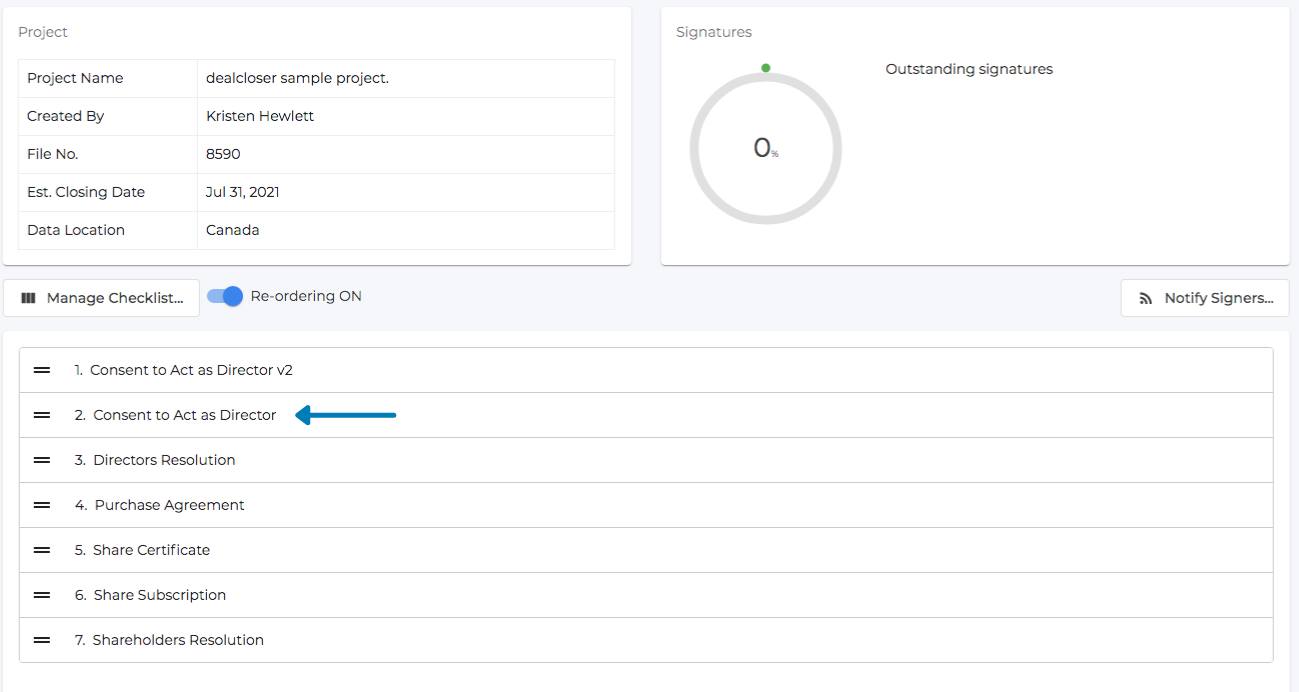 How do I reorder documents in my project?